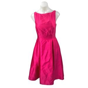 Adrianna Papell Pink Satin Sleeveless Pleated Boat Neck Mini A-line Dress Sz 10